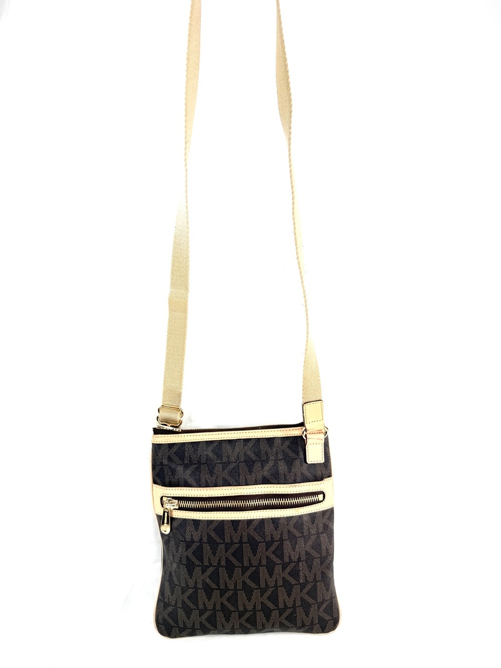 Michael Kors Brown Signature Coated Canvas Medium Crossbody Bag Brass Logo